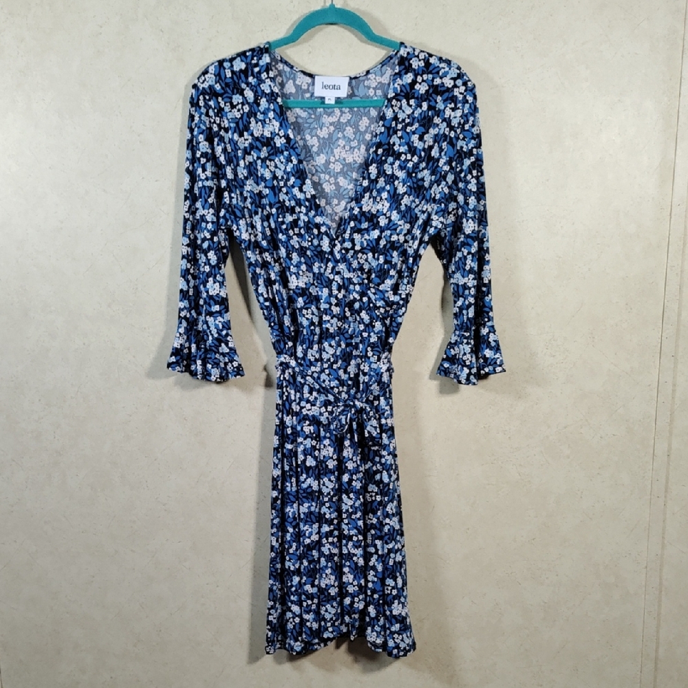 H150 Leota blue Floral Print knit faux wrap ruffle trim dress PL